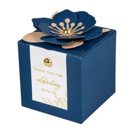 FEIYI 20 PCS Favor Boxes, 3 In 1 Navy Blue Candy Boxes with Floral Decor, White Thank You Tags Gold Foil Print Gift wrapping for Wedding, Baby Shower, Birthday, Decorations Party - 2.55x2.55x2.55
