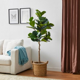 Glitzhome 5FT Faux Fiddle Leaf Fig Plant - 61'' Tall Decorative Fake Fig Silk Tree in Pot Artificial Tree for Home Office Living Room Bathroom Corner Decor Indoor