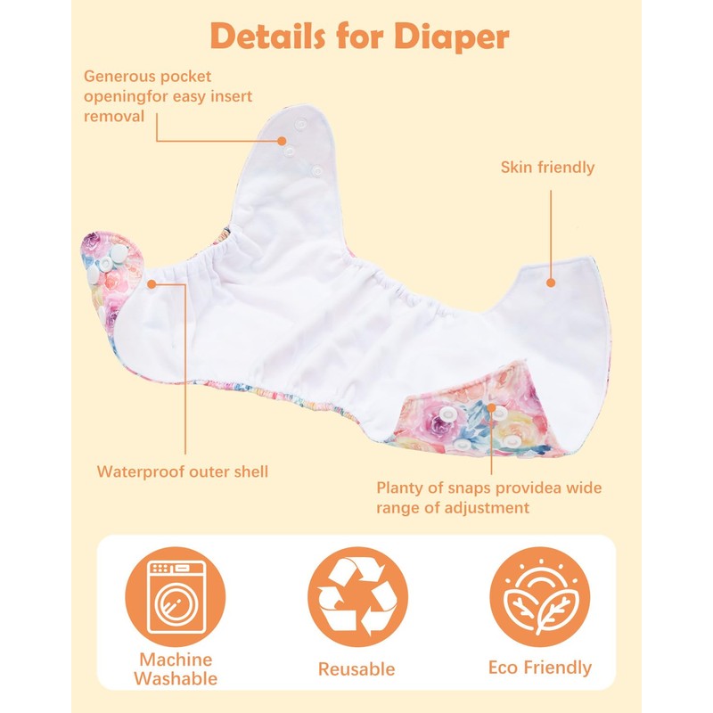 Reusable Cloth Diapers 6 Pack with 6 Inserts & Wet