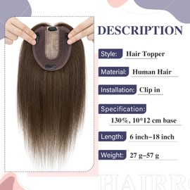 Hairro Human Hair Topper for Women with Bangs 100% Real Remy Human Hairpiece 10x12cm Silk Base Topper Cover Thinning Hair 12 inch Dark Brown