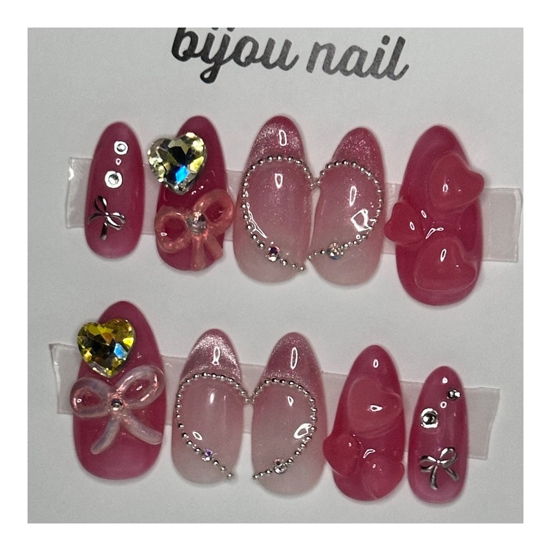 Shy Ribbon Heart Handmade Nail Tips - Coffin / 수줍은