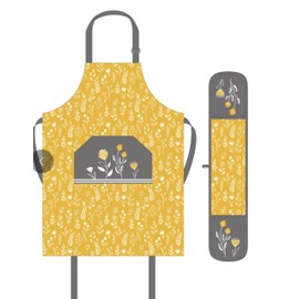 Unisex Chefs Apron & Double Oven Gloves Set Butchers Kitchen Cooks Restaurant Bistro BBQ School College POCKETS 100% Cotton Adult Men’s & Womens Novelty (Retro Meadow Apron and Double Oven Gloves Set)