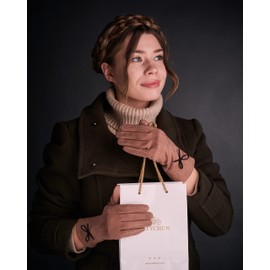 Rose Black Winter Gloves For Women - Suede Gloves with Bow - Finest Selection (Latte Beige)