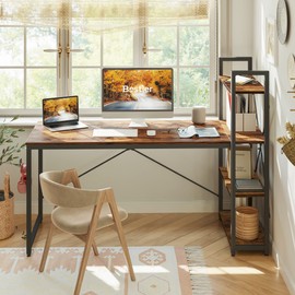 Bestier 63 Inch Computer Desk with Adjustable Shelves, Simple Writing Desk with Reversible Bookshelf and Metal Legs for Home Office and Studio, Rustic Brown