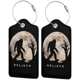 Funny Bigfoot Sasquatch Full Moon Luggage Tag with Full Back Privacy Name ID Card Stainless Steel Loop Suitcase Labels Identifiers PU Leather Baggage Tags Luggage for Women Men Kid Girl Travel (1pcs)
