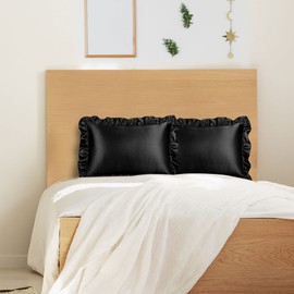 PiccoCasa Satin Ruffle Cool Rayon Envelope Type Pillow Case Set of 2 Pillow Cases Soft Like Silk Double-sided Pillowcase Solid Color Odor Resistant Beautiful Hair Beautiful Skin Black 16.9 x 24.8
