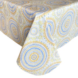 Newbridge Boho Circle Stitch Vinyl Tablecloth with Flannel Backing, Blue, Yellow and Coral Spring and Summer Indoor Outdoor Flannel Backed Vinyl Tablecloth, 60 Inch x 84 Inch Oval