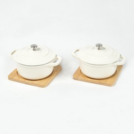 Enameled Cast Iron Mini Round Cocotte Set, 0.5QT Mini Dutch Ovens with Lids and Bamboo Trays, Dia.4.8 inch, Set of 2, Oyster White