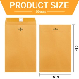 Bazyrock 100 Pcs 6 x 9Inch Manilla Envelopes,Kraft Envelopes with Clasp Closure and Gummed Seal for Office Document School Business Home