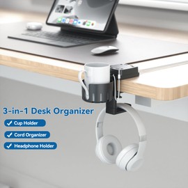 KDD 3 in 1 Headphone Hanger with Cup Holder - Rotatable Headset Hook & Desk Cord Organizer - Suitable for Coffee Mups, Water Cups, Headphone, Charging Cables, Home & Office