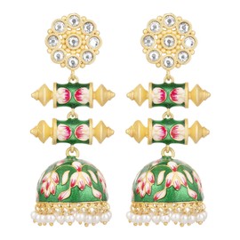 Aheli Enamel Kundan Pearl Wedding Drop Dangle Earrings Flower Shape Jhumki Ethnic Bollywood Fashion Jewelry Gift for Women Green