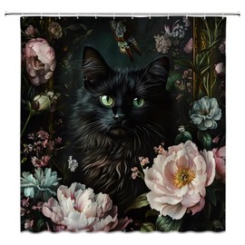 UEAUUN Black Cat Shower Curtain Boho Floral Retro Flower Garden Vintage Gothic Funny Animal Cute Pet Wildflower Fabric Bathroom Decor Set with Hooks(70" WX70 H)