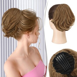 RUWISS Real Human Hair Bun Short Drawstring Ponytail Hair Pieces for Women, Natural Straight Updo Bun Comb Clip in Ponytail Extension for Women, Brown with Warm Blonde Highlights