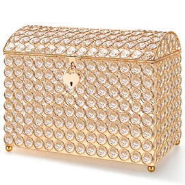 Nitial Crystal Wedding Card Box with Heart Lock 11in Wedding Money Box Treasure Chest Gold Bead Card Receiving Memory Storage for Reception Brithday Graduation Baby Shower Party Decor
