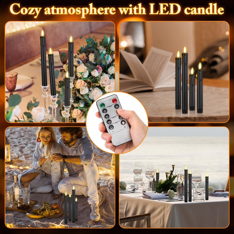 Retisee 12 Pcs Flameless Taper Candles with Timer Remote, Black