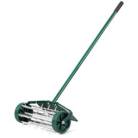 GYMAX Rolling Lawn Aerator, Push Aerator with Anti-Slip Handle and Tine Spikes, Heavy Duty Manual Lawn Aeration Machine for Grass Maintenance and Soil Care (with Fender)