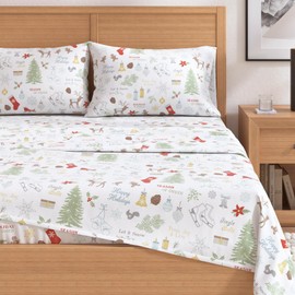 Great Bay Home Christmas Flannel Sheet Set King Size - 100% Turkish Cotton, Double-Brushed, Winter Bed Sheets - Ultra-Soft, Cozy, 4-Piece Christmas Bedding Set (Holiday Time)