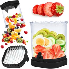 Strawberry Slicer, Fruit Slicer Cup with Push Plate, Fruit Cutter Cup Slicer Kitchen Gadget for Egg Kiwi Banana Cucumber, Strawberry Cutter Tool, Cup Slicers for Fruits and Vegetables (Black)