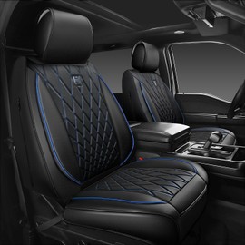 CAR PASS Luxury PU Leather Two Front Car Seat Covers, Waterproof Seat Covers Compatible with Front Seat Armrests, Airbag Compatible Anti- Slip Universal Fit for Cars Suvs Vans Trucks Black Blue