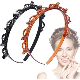 2 Pcs Bangs Hairstyle Hairpin Headband, Professional Weave Bangs Clip, Toothed Headband Braid Tool, Women Girls Fashion Hair Accessories (Black and Brown)