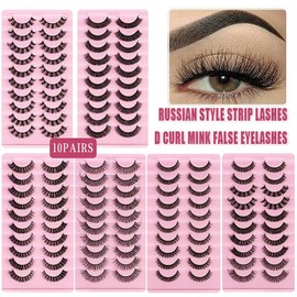 10Pairs Russian Style Strip Lashes D Curl Mink False Eyelashes Full Curled，Full, Wispy, 3D Glam Lashes, Handmade & Reusable