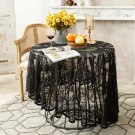 Hermoso mantel redondo de encaje, mantel bordado floral vintage, elegante cubierta de mesa redonda para banquetes de boda, vacaciones, cenas, 60 pulgadas (negro)