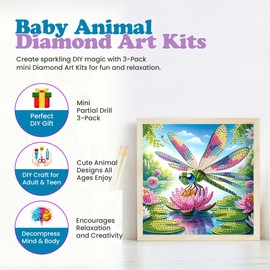 Modern Merch Mini Diamond Art for Adults, Baby Animal Diamond Painting Pack of 3 Owl, Dragonfly& Octopus 8x8 Small Diamond Art Partial Drill Arts and Crafts for Kids Diamond Art 3 Pack