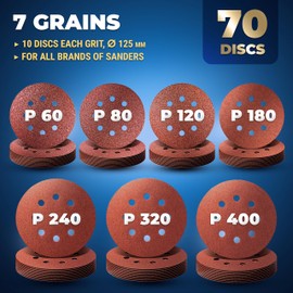 S&R 70 pcs 125mm Sanding Discs - Grit 60/80/120/180/240/320/400, Hook and Loop Quick Fitting for Random Orbit Sander - Wood, Metal, DIY.