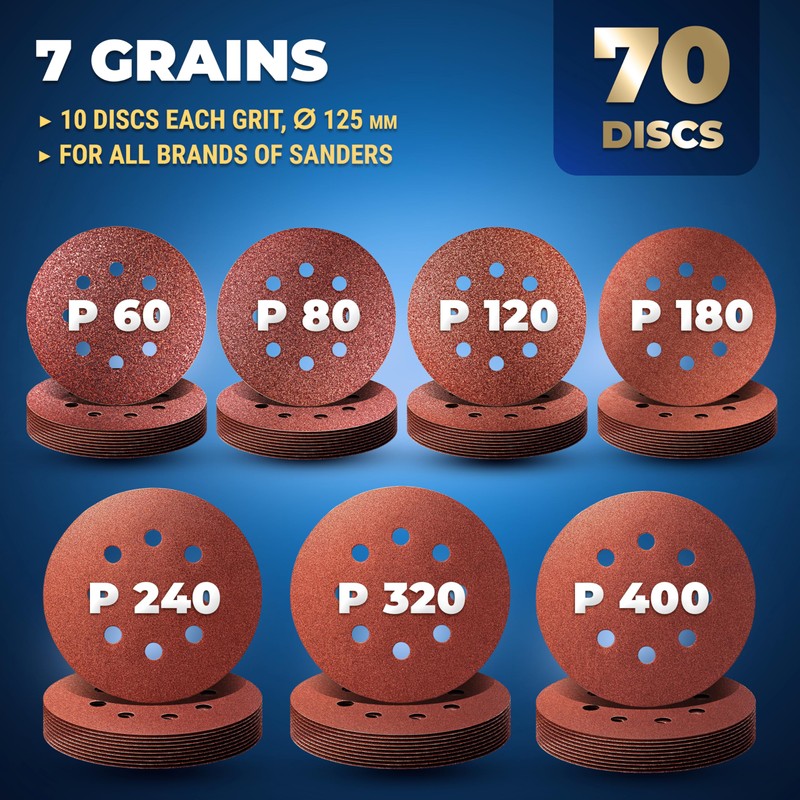 S&R 70 pcs 125mm Sanding Discs - Grit 60/80/120/180/240/320/400, Hook