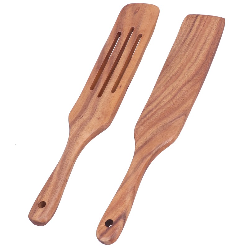 2pcs Slotted Turner Spatula Simple Wooden Spatula with Long Handlefor