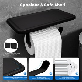 Julimilo Toilet Paper Holder with Shelf, Space Aluminum TP Roll Holder, Self Adhesive & Screw Wall-mounted Toilet Tissue Rack for Smaller Bathroom Washroom Restroom Kitchen (2 Hooks Included) - Black