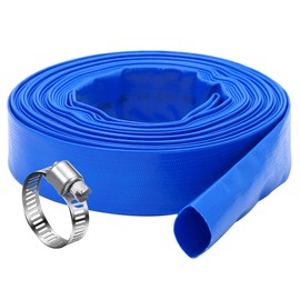 DAVCO 1.25" x 50 ft Pool Backwash Hose, Heavy Duty Reinforced Blue PVC Lay Flat Water Discharge Pump Hoses For Swimming Drain Pools and Clean Filters,with 1 Clamp