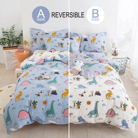 Dinosaur Full Size Duvet Cover Set, Cotton Blue White Reversible Kids Bedding Set for Boys Girls, 3 Pieces Ultra Soft Breathable Comforter Cover Set (1 Duvet Cover+2 Pillowcases)