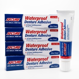 Secure Waterproof Denture Adhesive - Zinc Free - Extra Strong 12 Hour Hold - 1.4 oz (Pack of 4)