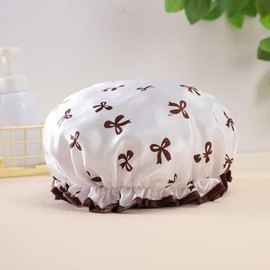 Bath Caps Elastic Band Waterproof Shower Caps With Ruffled Edge Covering Ears Keeping Hair Dry Kitchen Oil-proof Cap for Girls and Women (Bow)