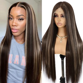 SAPPHIREWIGS 13×6 Straight Lace Front Wig Long Highlight Brown Wig Pre Plucked Wigs Synthetic Glueless Kanekalon Futura Wig Daily Party Wig 26 Inches