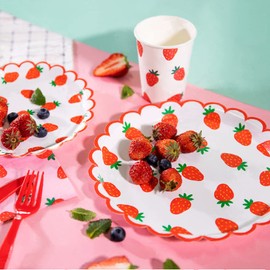 64 Piece Strawberry Party Cutlery Set Strawberry Birthday Party Table Decoration Supplies Summer Fruit Party Pack Strawberry Fruit Paper Plate Napkins Fork Red Strawberry Paper Plate 16 People