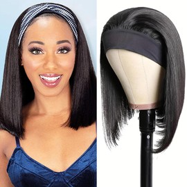 olimaruly 12 Inch Short Straight Headband Bob Wigs Glueless Headband Wig Human Hair Short Straight half wigs for Black Women 180% Density No Lace Headband Wig Natural Color Easy Put On
