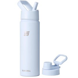 SUNWILL Metal Water Bottle with Straw Stainless Steel, 650ml Insulated Leakproof Thermal Flask with 2 Lids for Cold and Hot Drink, Running, Sports, Gym, Travel, Iceberg