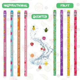 Leinuosen Scented Pencils, 96 Pieces, Colorful Smelly Pencils with Eraser, Cute Fruit Designs, Motivational Words, Ideal for Kids, Students, Teachers, Gifts