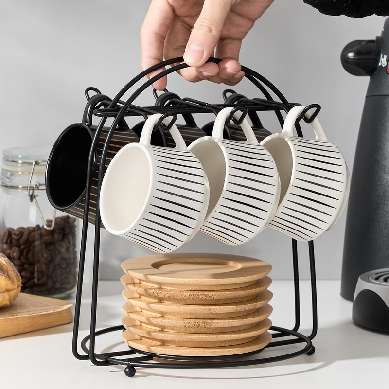 LUKA Ceramic Coffee Espresso Cups with Saucers Set with Metal
