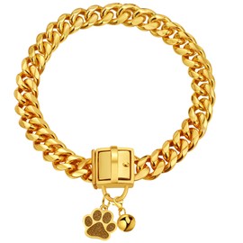 LuxLife Dog Chain Collars Gold Chain Dog Collar 14mm Cuban Link Dog Collar with Secure Snap Buckle 18K Stainless Steel Metal Dog Gold Chain for Puppy Small Medium Large Dogs with Dog tag & Bell(20")