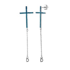 Simulated Turquoise Christian Cross Dangling Earrings Rhodium Plated Sterling Silver