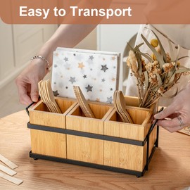 PTSTING Silverware Caddy Wood Utensil Holder Paper Plate Dispenser Silverware Utensil Caddy Cutlery Flatware Organizer Box for Spoons Forks Plates Napkins