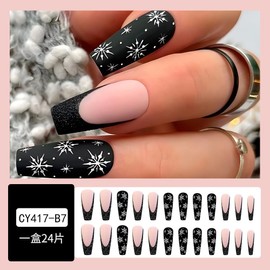 Black Press on Nails Long Coffin Fake Nails Christmas French Tip with Snowflake Design Glue on False Nails Christmas Glitter Pink Reusable Stick on Nails for Women Girls Manicure 24Pcs
