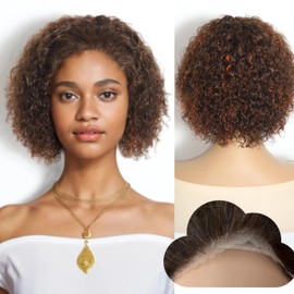 Highlight Brown Ginger Pixie Cut Wig Human Hair 4x4 Glueless Wigs Human Hair Pre Plucked Pre Cut Short Curly Wave Human Hair Wig for Women Blonde Mixed Ginger Pixie Wigs (4/350# Color)