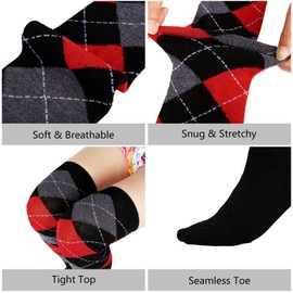 Benefeet Sox Argyle Thigh High Socks Womens Girls Novelty Cotton Over the Knee High Socks Vintage Argyle Long Stockings Colorful Leg Warmers, Red Black Grey
