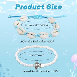 2 PCS Boho Seashell Double Anklets Silver Turtle Ankle Bracelets Layered Weave Foot Chains for Women and Girls