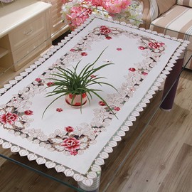 LeLehome Flowers Embroidery Tablecloth 57" X 86", Vintage Classic Lace Beige White Leaves Dining Table Cloth Table Cover for Festival Wedding Party Home Kitchen Rectangular