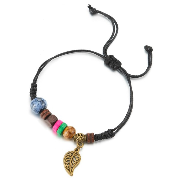 COOLSTEELANDBEYOND Vintage Leaf Bracelet, Colourful Bead Charm, Women's Wrap Sweatband